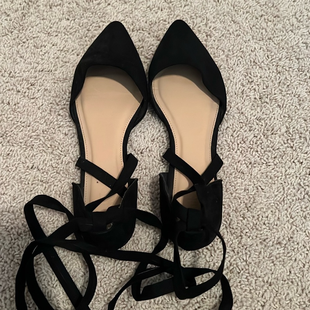Black Ballet Flats Women’s Size 10 Ankle Wrap Ties Pointed Toe Faux Suede Shoes